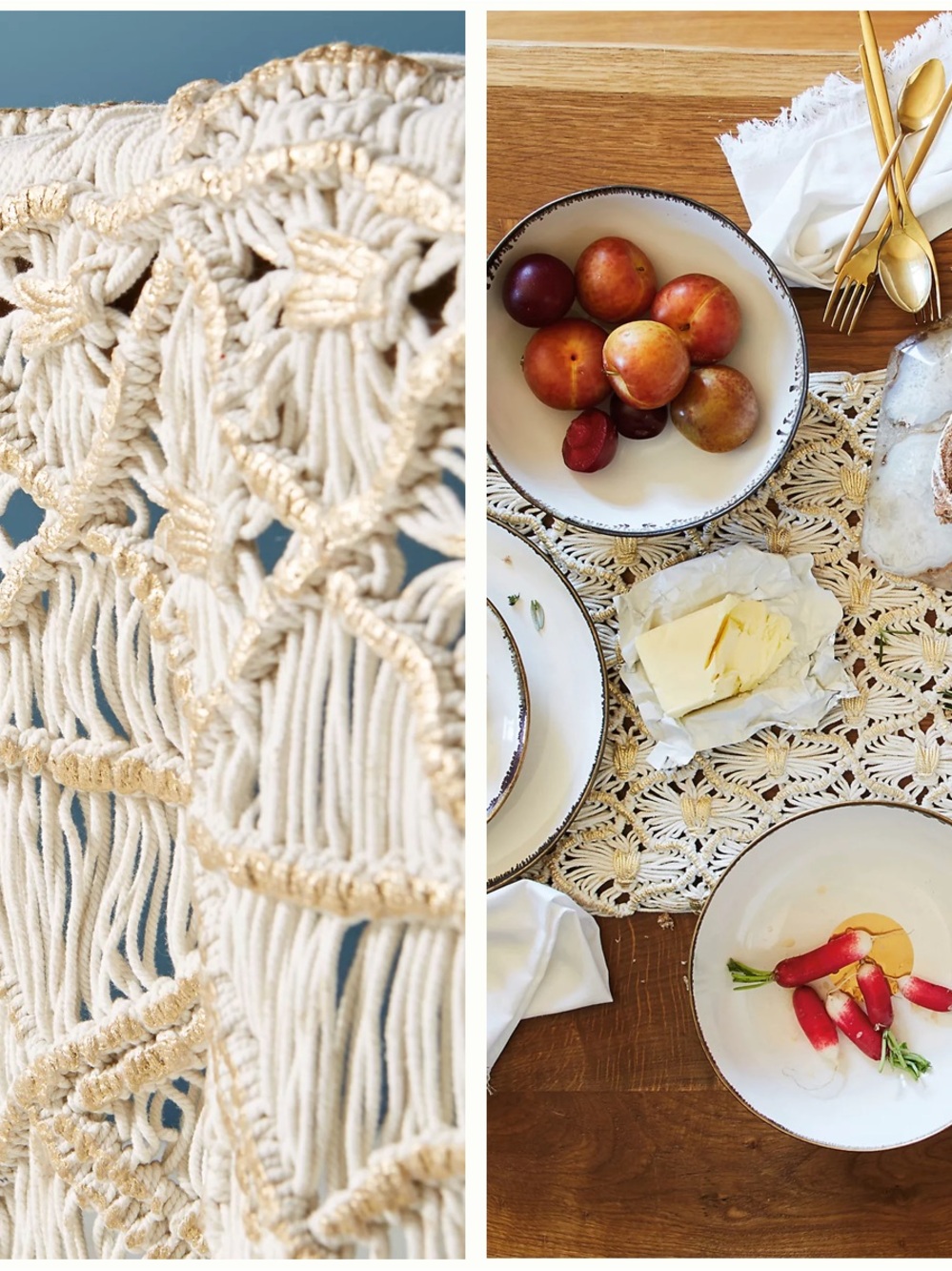 Anthropologie Cream Macramé Table Runner with Gold Accents